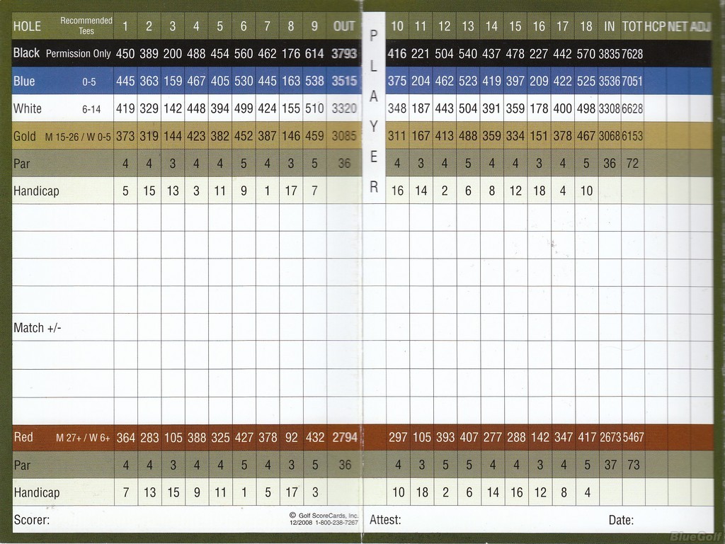 Monterey Pines Golf Scorecard